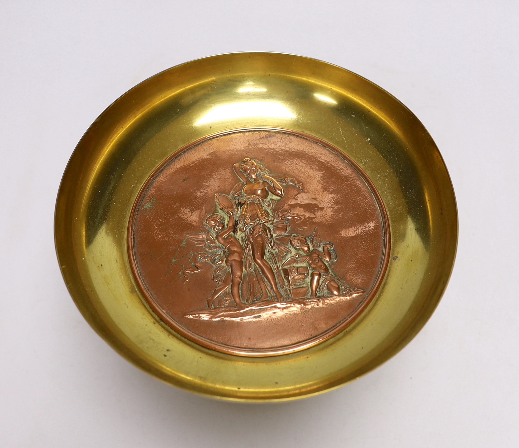 A bronze and copper embossed tazza, early 20th century, 19.5cm